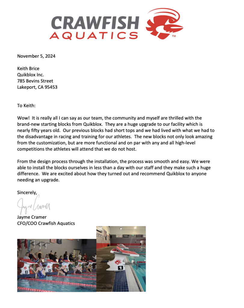 Crawfish Aquatics Letter of Recommendation For Quikblox